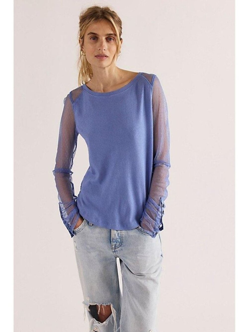 NEW FP We The Free Backastage Long Sleeve Tee Sheer Button Cuff Sleeves Size M